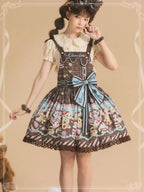 Sweet Lolita Chocolate Dress Brown Blue with Bear Motifs Cream Cake Lolita Jumper Skirt