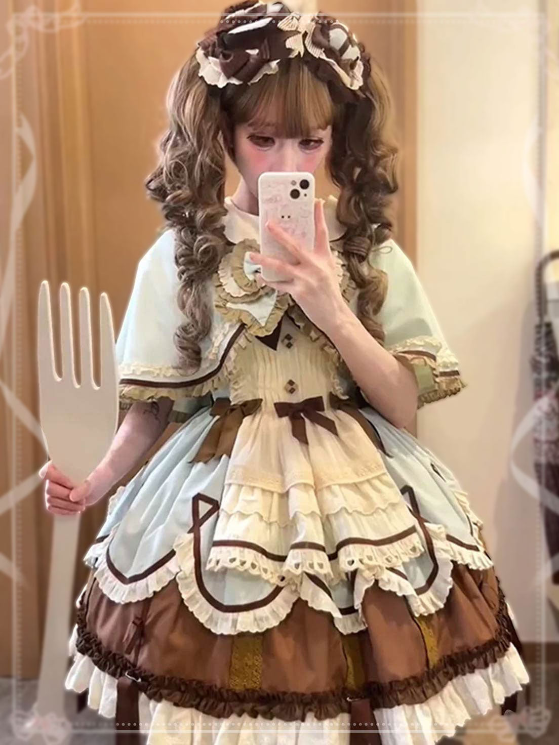 Sweet Lolita Chocolate Mint Brown Layer Apron Cake Dress for Tea Party
