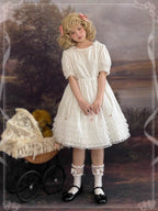 Sweet Lolita Dress White Lace Tie Waist Puff Sleeve Short Skirt Elegant Daily Wear