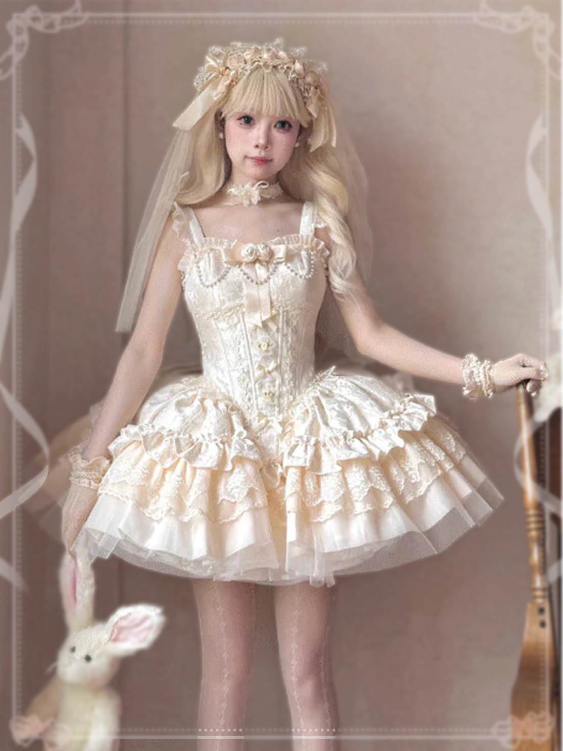 Sweet Lolita Ivory Sleeveless Princess Lolita Jsk Dress Multi Layer Ruffle Bowknot Lace