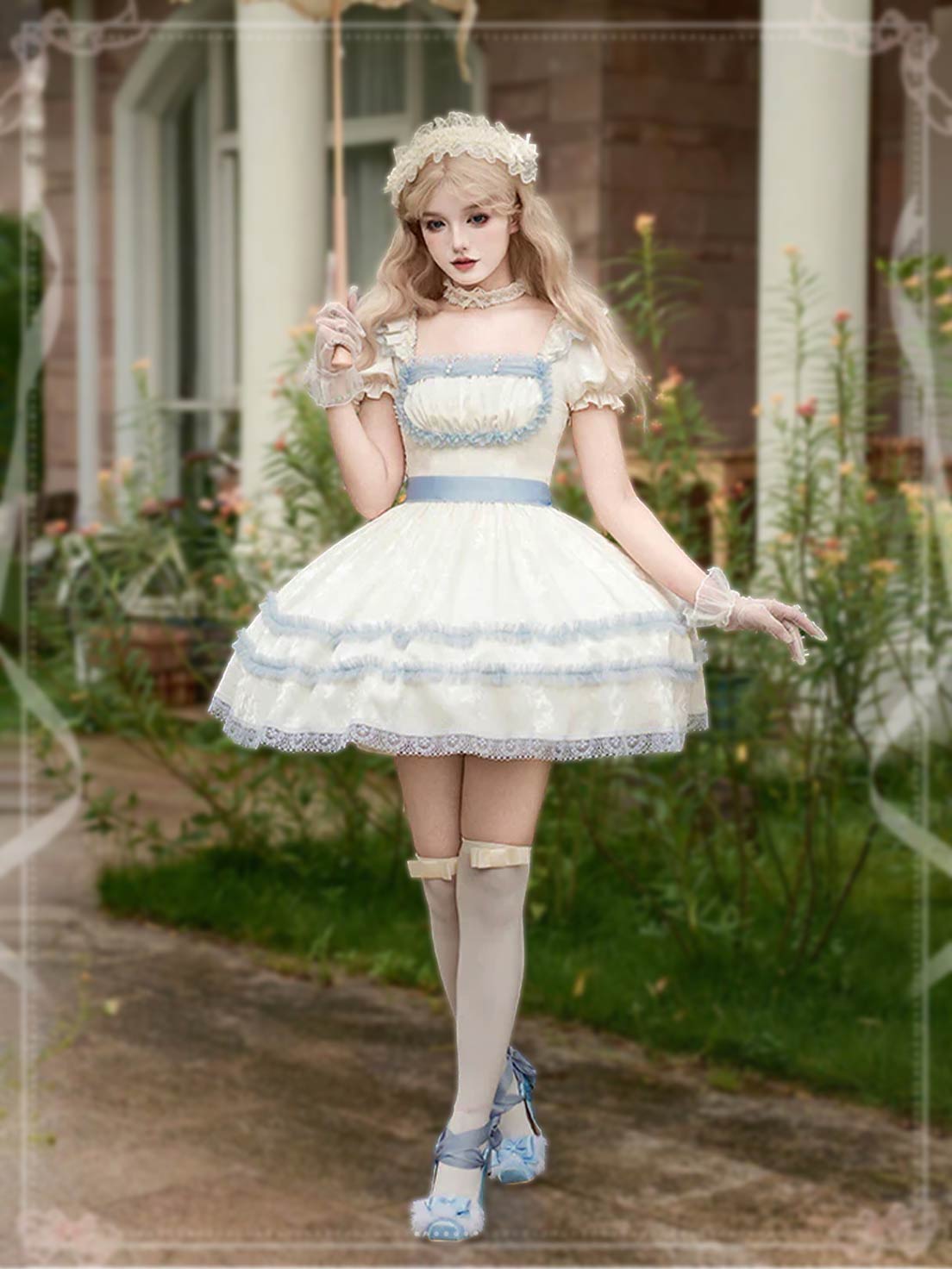 Sweet Lolita Ivory Square Neck Puff Sleeves Ruffle Corset Sweet Lolita Short Dress