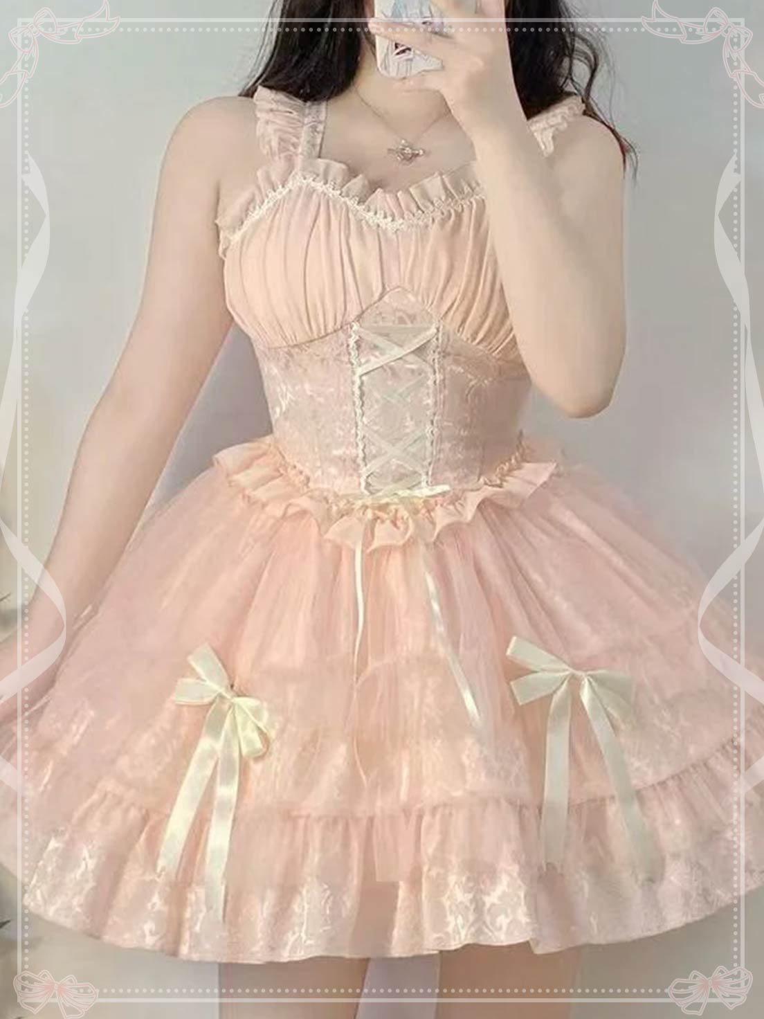 Sweet Lolita JSK Dress Empire Waist Adorned with Bows and Ruffles