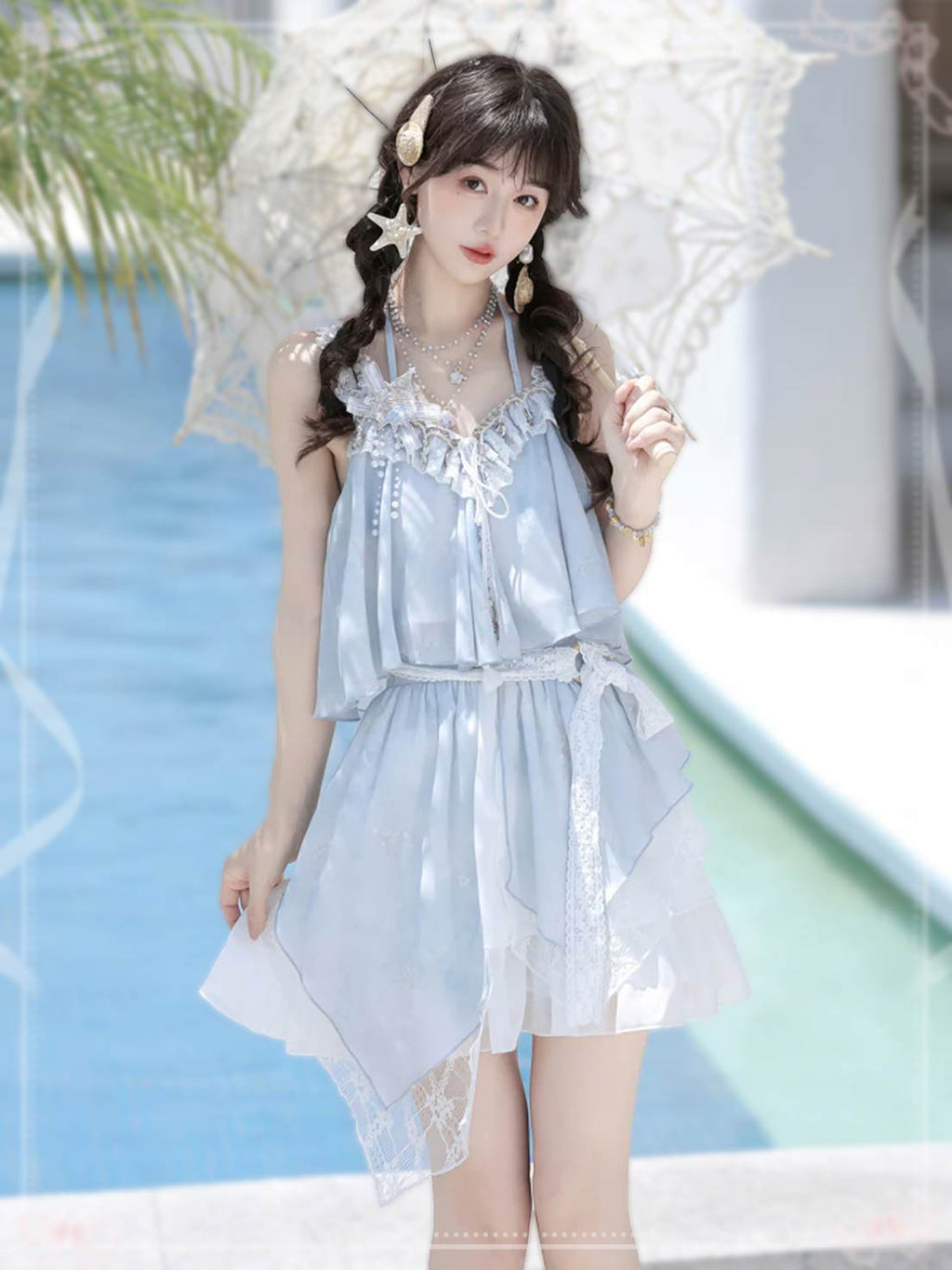 Sweet Lolita Light Blue Seashell Sundress with Lace Ruffle Summer Sea