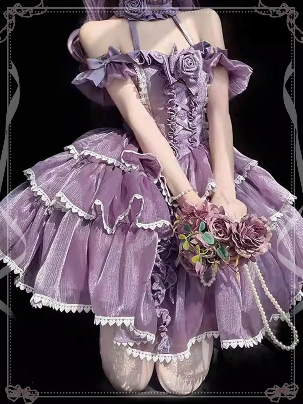 Sweet Lolita Lilac Dream Off Shoulder Lolita Dress White Party gown with Elegant Ribbon Details
