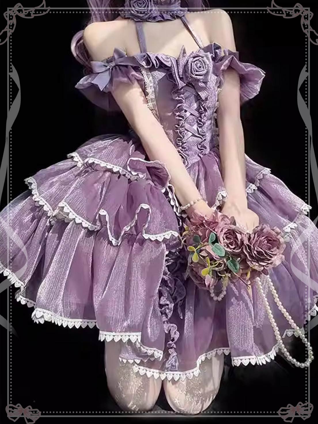 Sweet Lolita Lilac Dream Off Shoulder Lolita Dress White Party gown with Elegant Ribbon Details