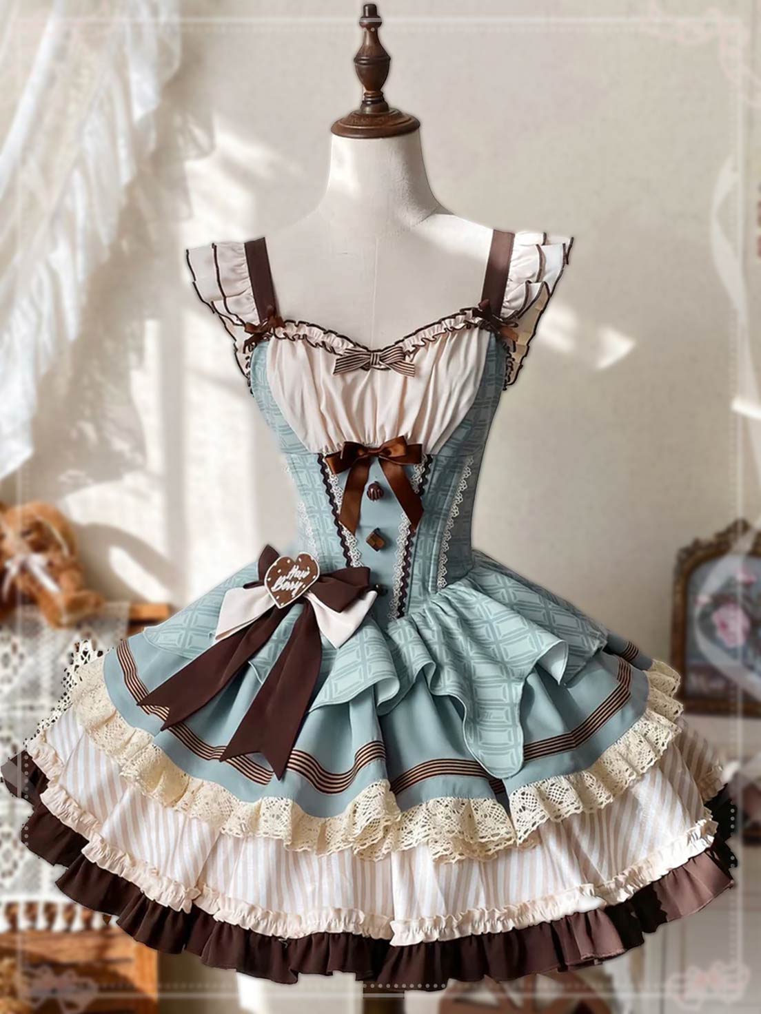 sweet-lolita-mint-chocolate-cake-cream-dress-bow-cute-jumper-skirt