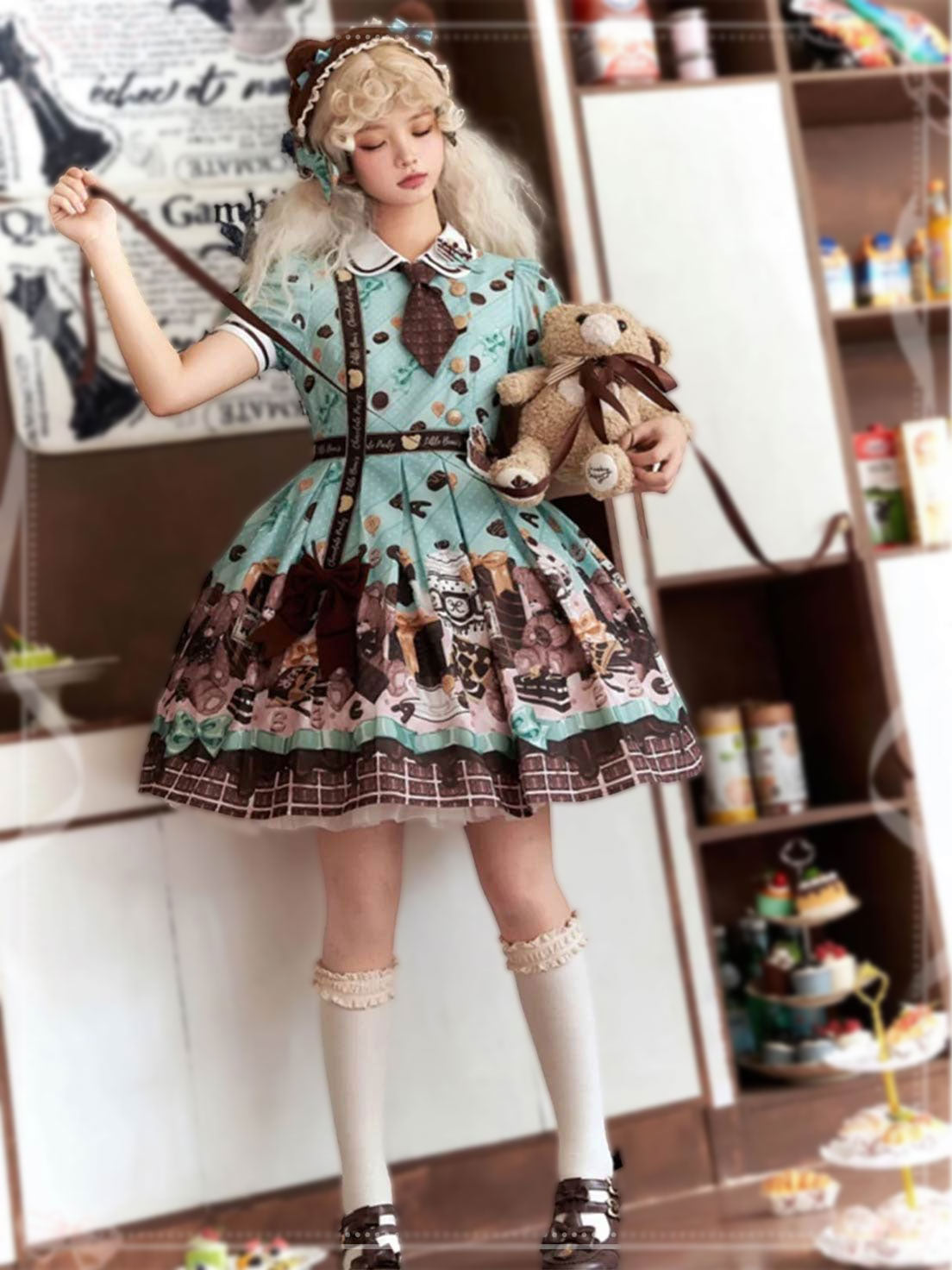 Sweet Lolita Mint Green Chocolate Dramatic Bear Themed Cake Dress Tea Party