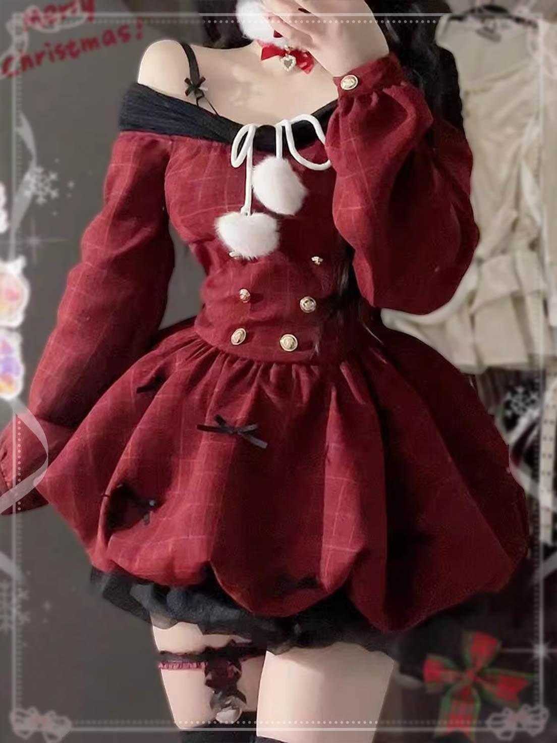 Sweet Lolita Off-Shoulder Red Long Sleeve Flared Dress for Celebration