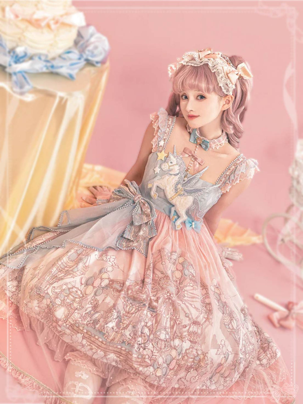Sweet Lolita Pastel Pink Blue Dress with Unicorn Embroidery Ruffles Bow