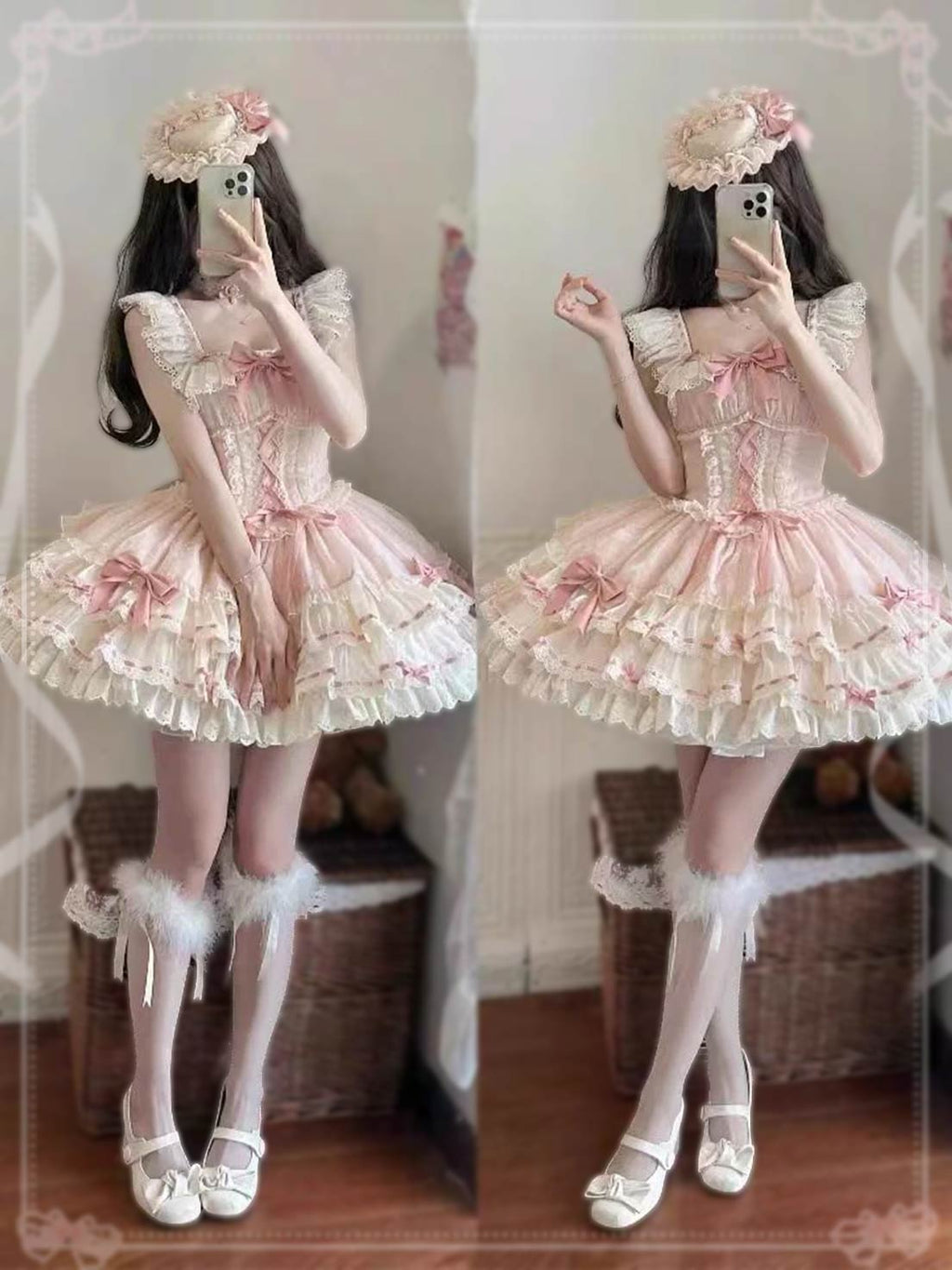 Sweet Lolita Pink Ballet Princess Cake Dress OP Ruffles Lace Sleeveless for Party