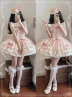Sweet Lolita Pink Ballet Princess Cake Dress OP Ruffles Lace Sleeveless for Party
