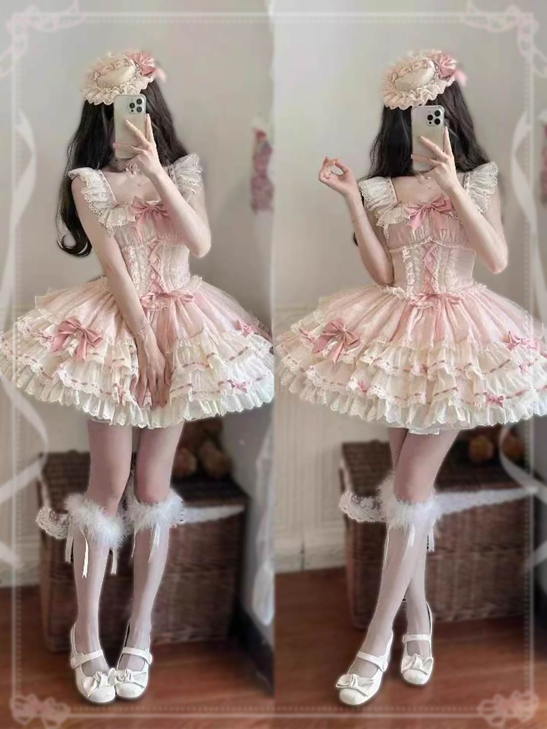 Sweet Lolita Pink Ballet Princess Cake Dress OP Ruffles Lace Sleeveless for Party