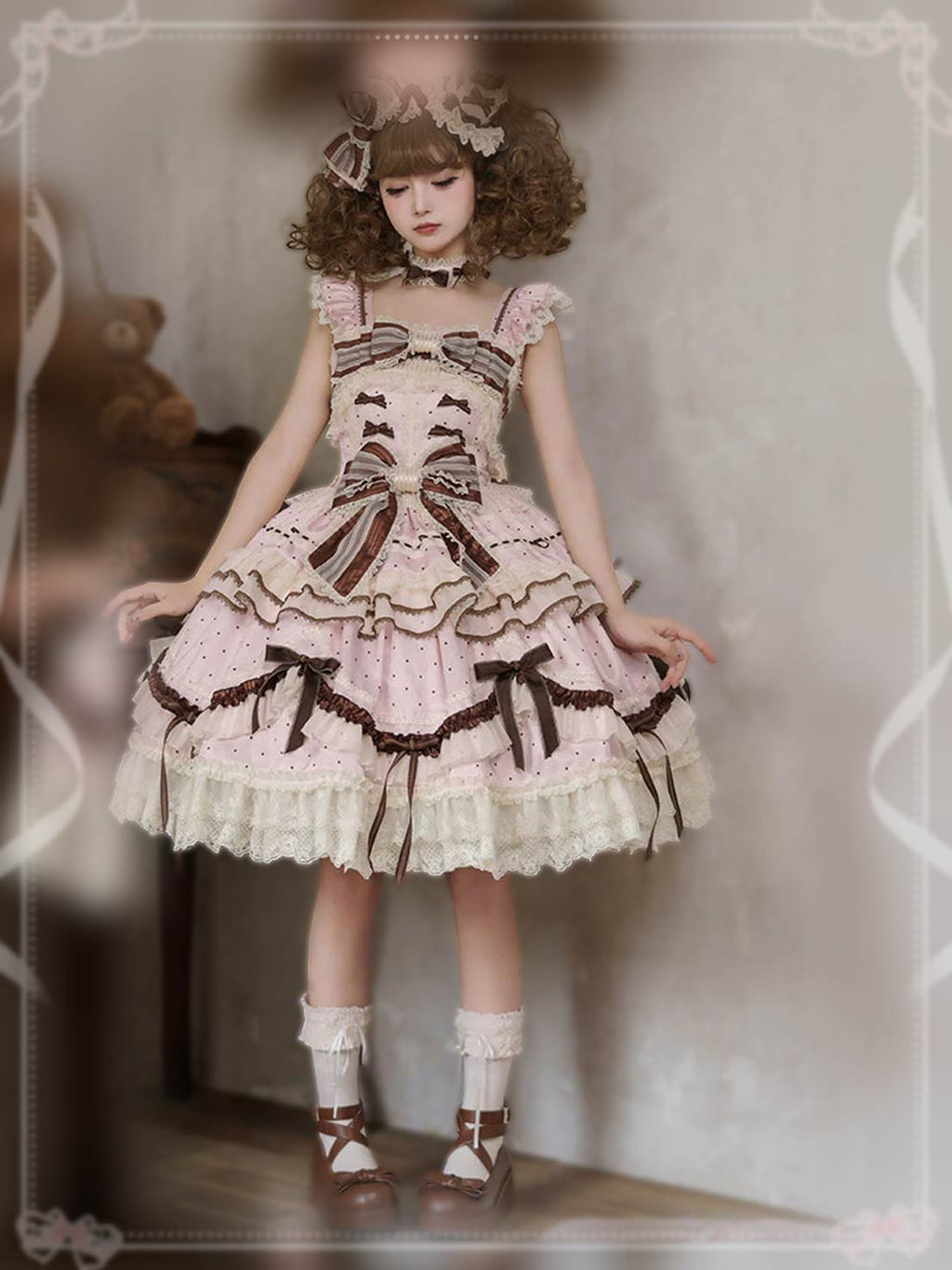 Sweet Lolita Pink Sleeveless JSK Dress Printed Ruffle Bowknot Lace-Up Princess Style