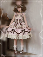 Sweet Lolita Pink Sleeveless JSK Dress Printed Ruffle Bowknot Lace-Up Princess Style