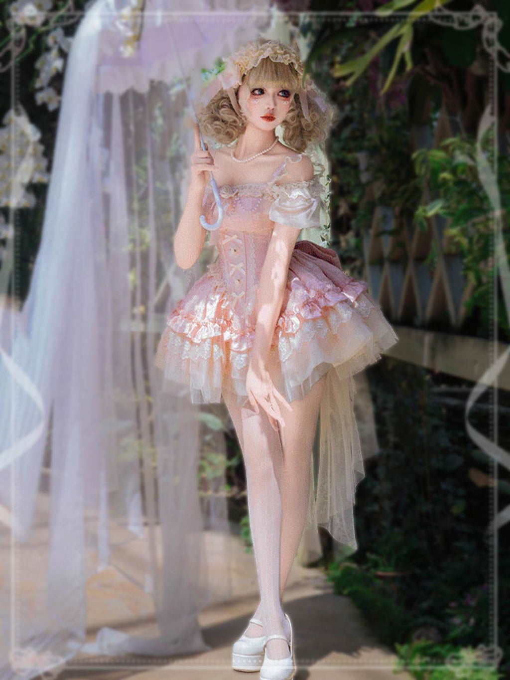 Sweet Lolita Pink Sleeveless Multi Layer Ruffle Bow Lace Tie Up Princess Dress