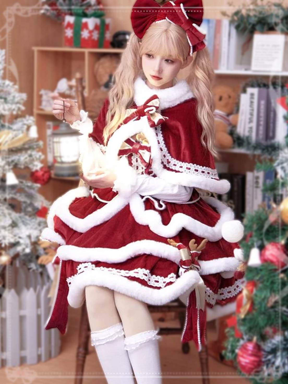 Red Velvet Christmas Holiday Dress with Cape