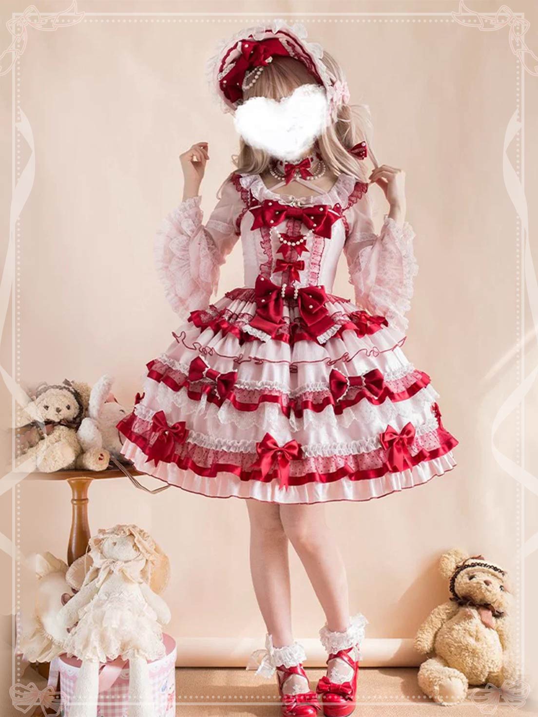Sweet Lolita Red Ribbon Berries Sleeveless Multi-layer Ruffle Bow Lace Sweet Lolita JSK Dress