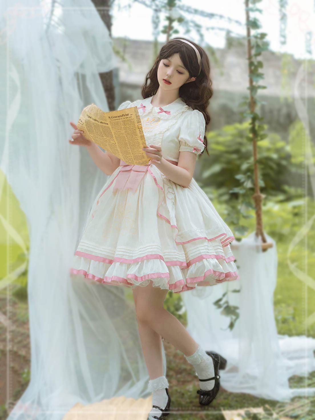 Sweet Lolita White Pink Short Sleeve Layer Ruffle Bow Elegant Dress