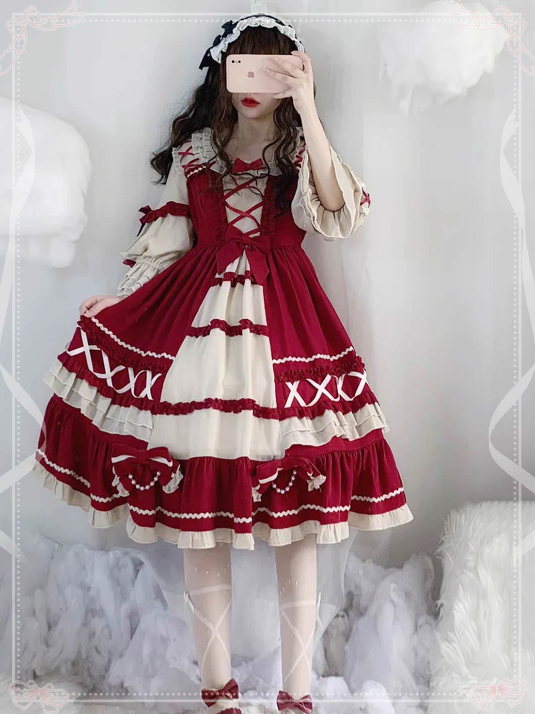 Sweet Lolita Wine Red Long Sleeve Ruffle Bow Elegant OP Dress