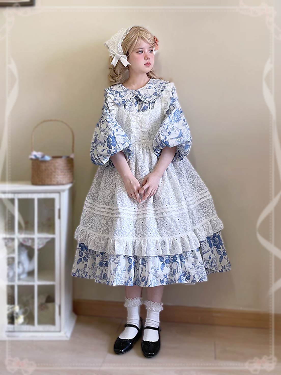 Sweet White Floral Lolita Dress Layer Apron Mid-Length Tie-Up JSK