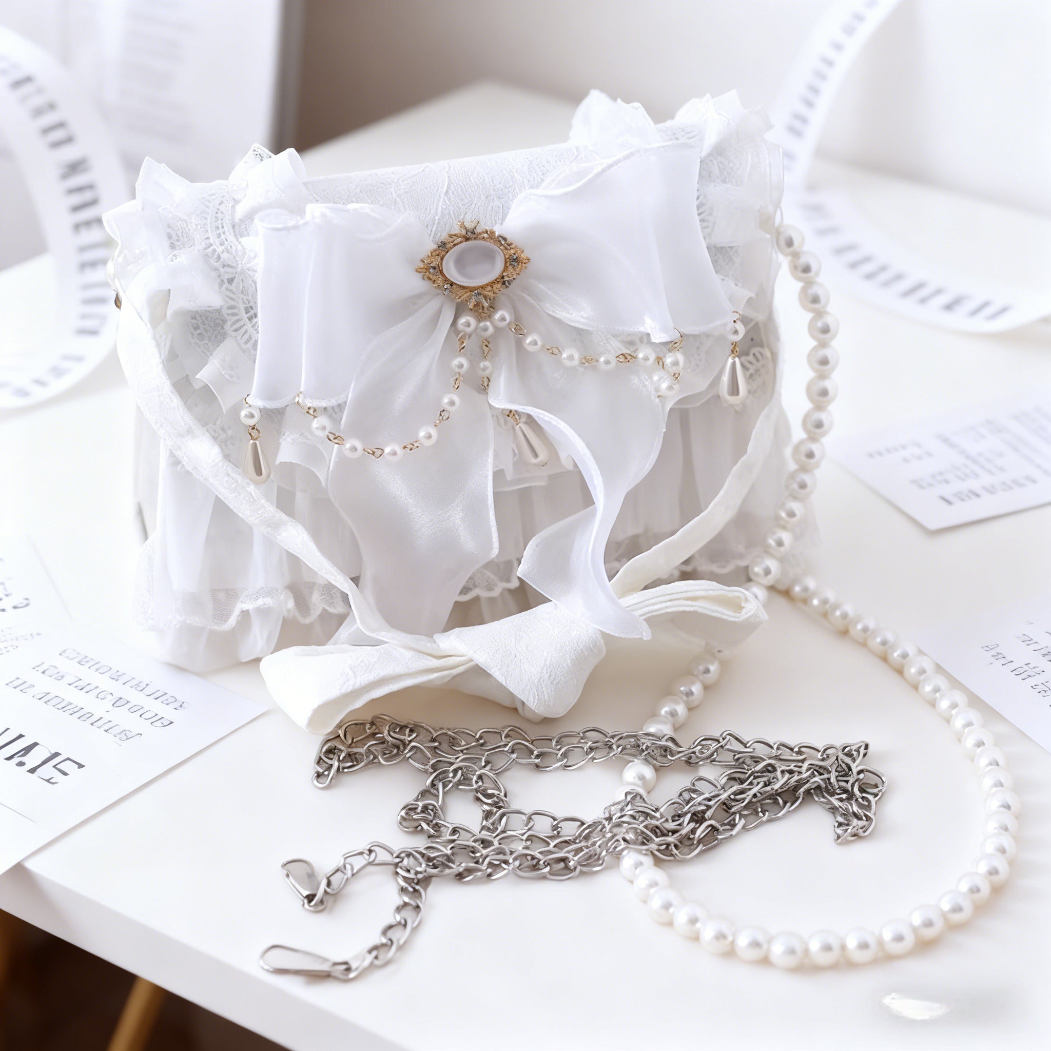 Lolita Bag Ethereal White Lace Bridal Handbag Ruffle Purse with Luxe Pearl Drape and Jewel Accent