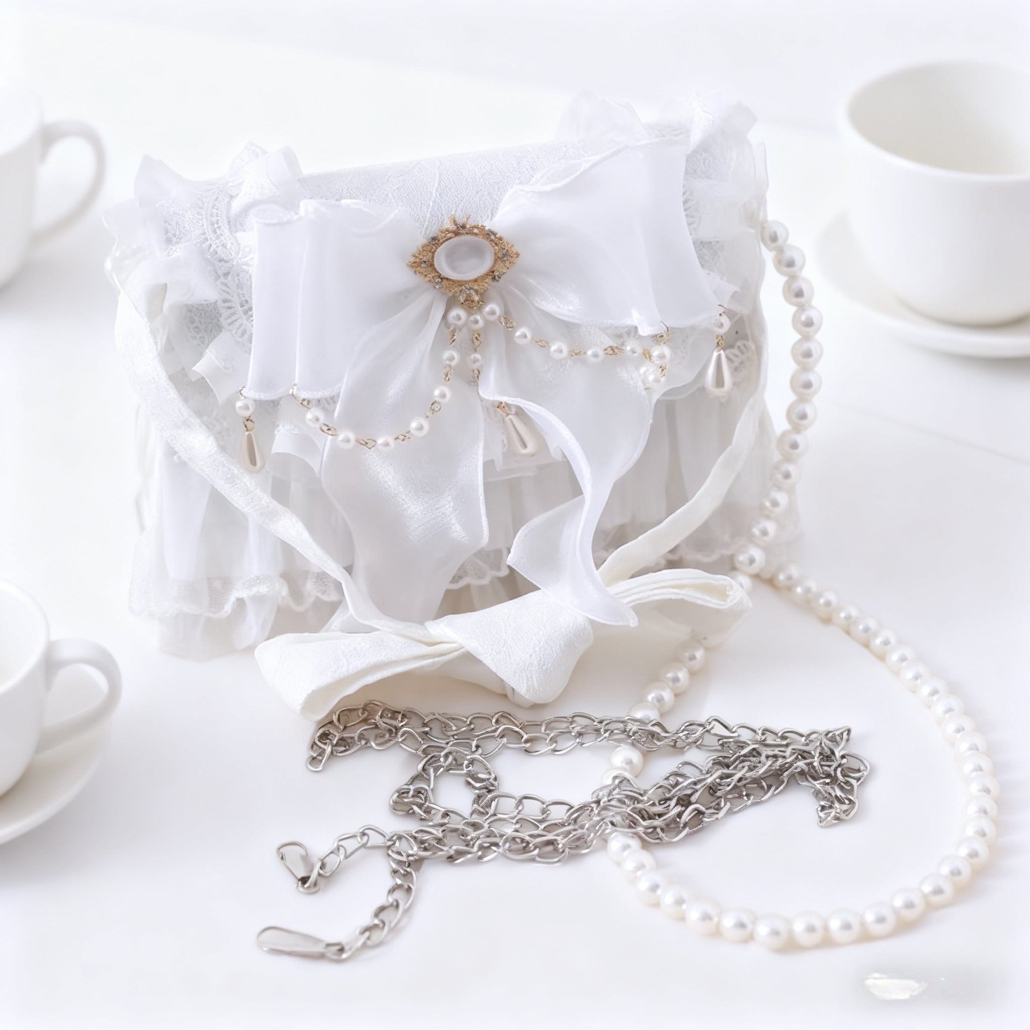 Lolita Bag Ethereal White Lace Bridal Handbag Ruffle Purse with Luxe Pearl Drape and Jewel Accent
