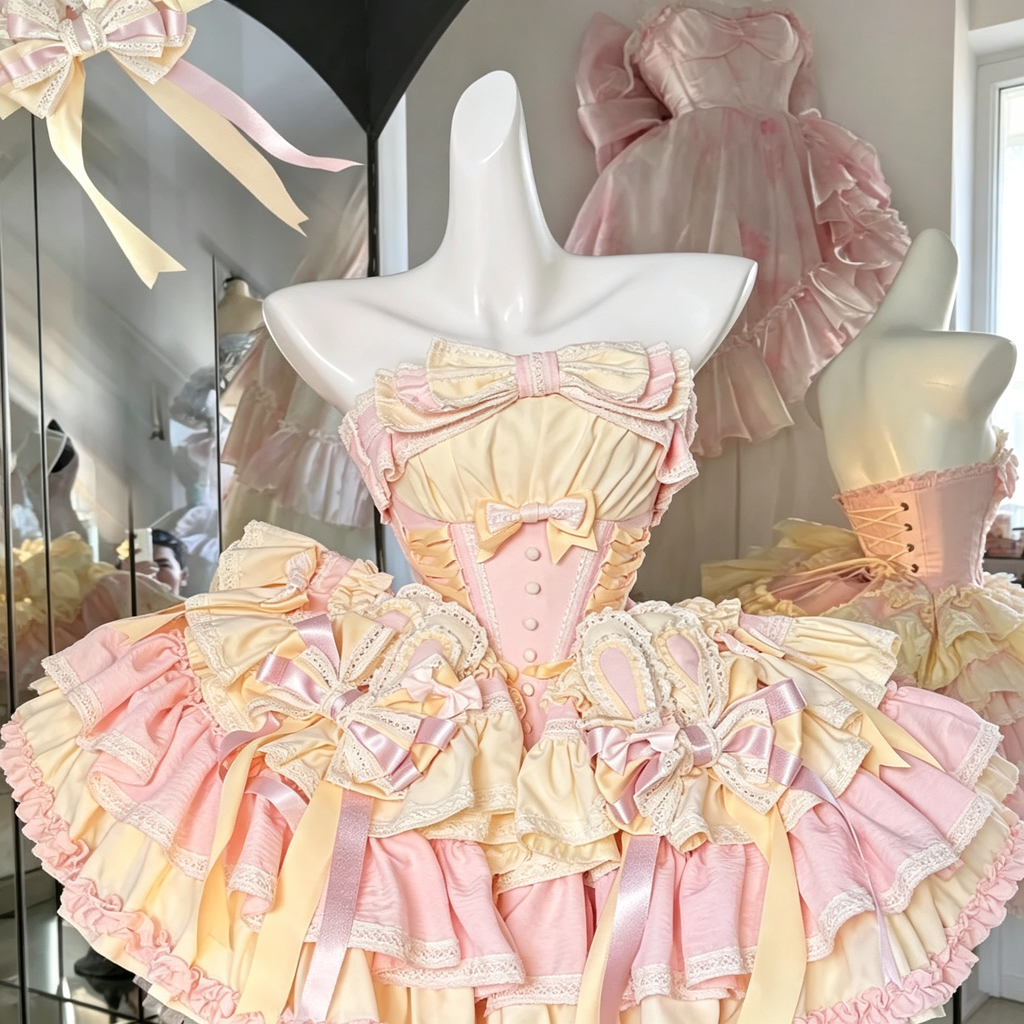 Ribbon Dance Multi-Layered Ruffle Bowknot Lace-Up Sweet Princess Lolita Dress 3 Colors