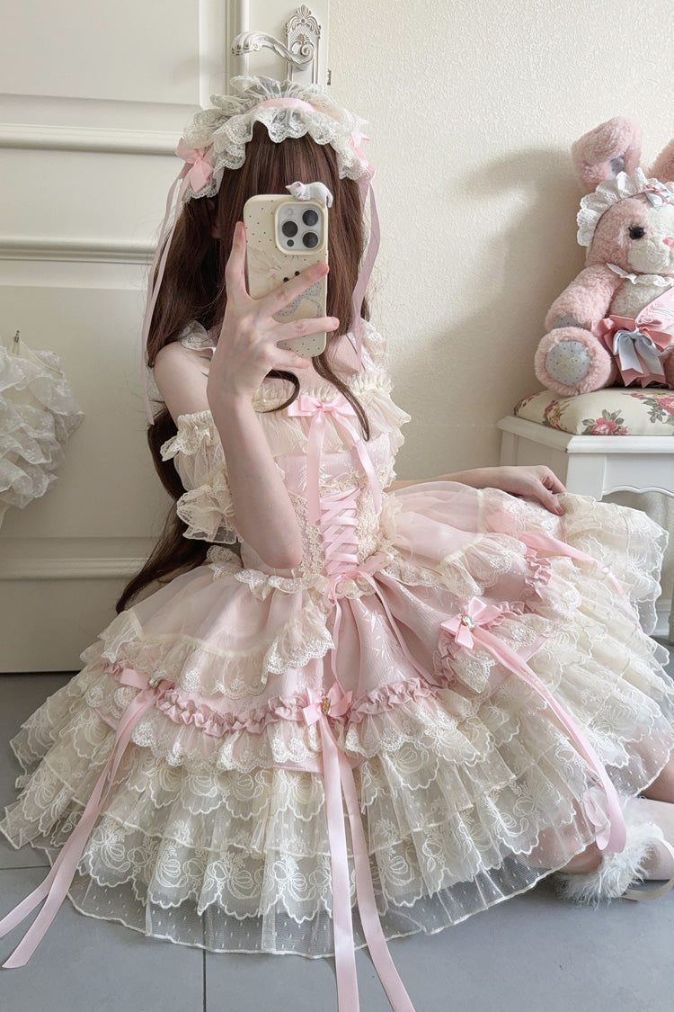 Pink Ribbon Heart Love Sleeveless Multi-Layered Ruffle Bowknot Lace Lace-Up Sweet Princess Ballet Lolita Jsk Dress