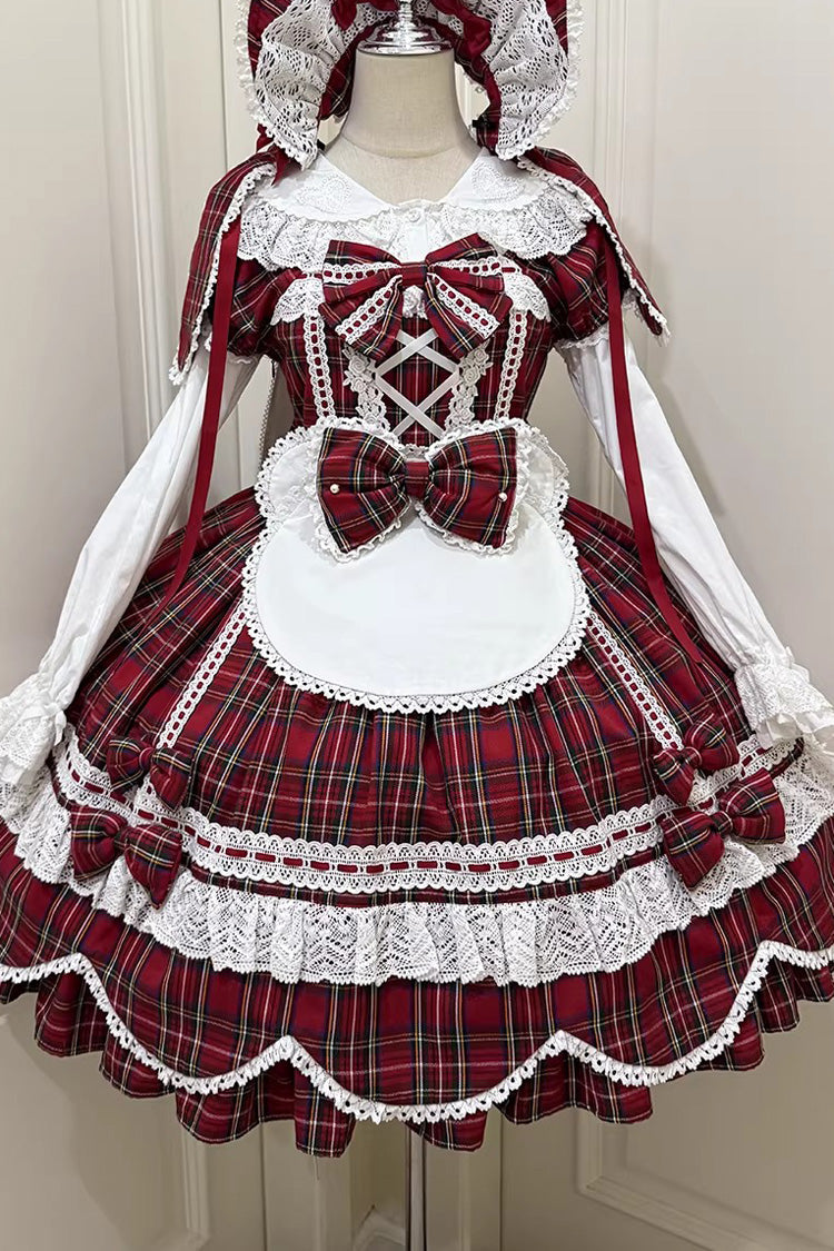 Red Gingham Petal Bunny Short Sleeves Printed Ruffled Bow Sweet Lolita OP Dress