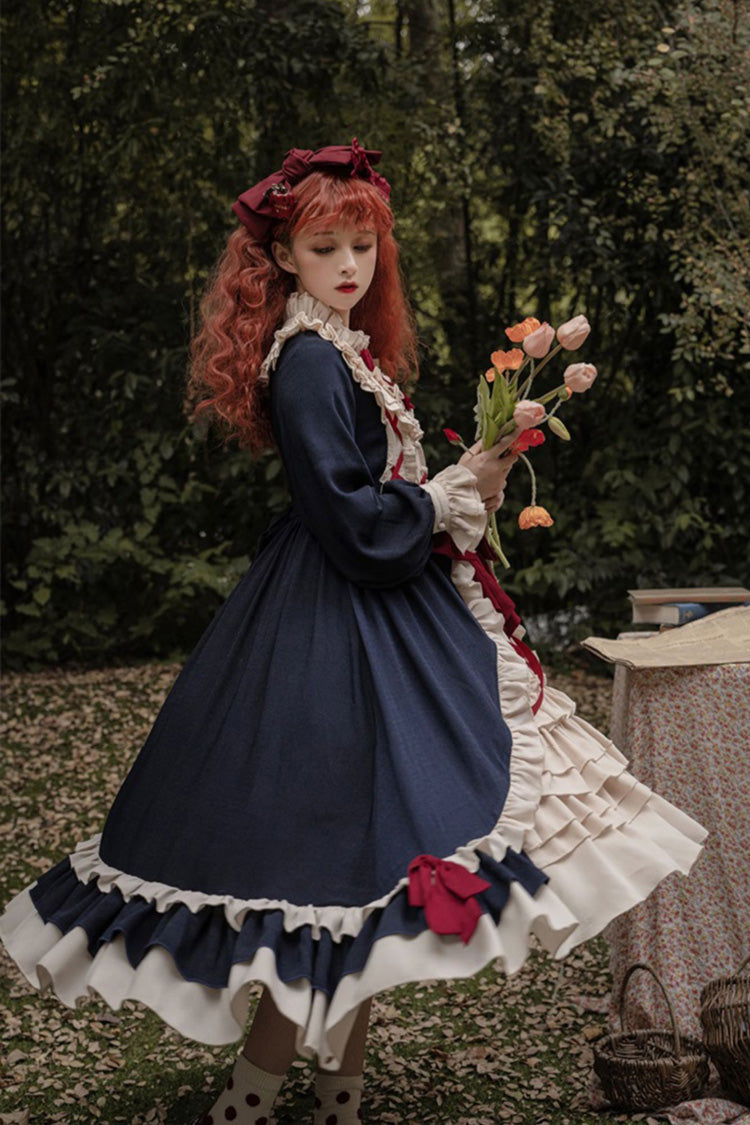 Blue Round Collar Bowknot Long Sleeves Multi-Layer Ruffled Sweet Lolita OP Dress