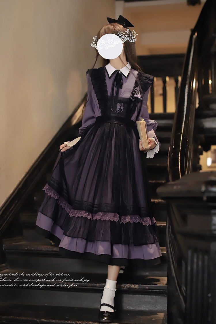 Black Witch Academy Double-Layered Ruffle Embroidery Bowknot Mesh Sweet Elegant Lolita Jumper Dress