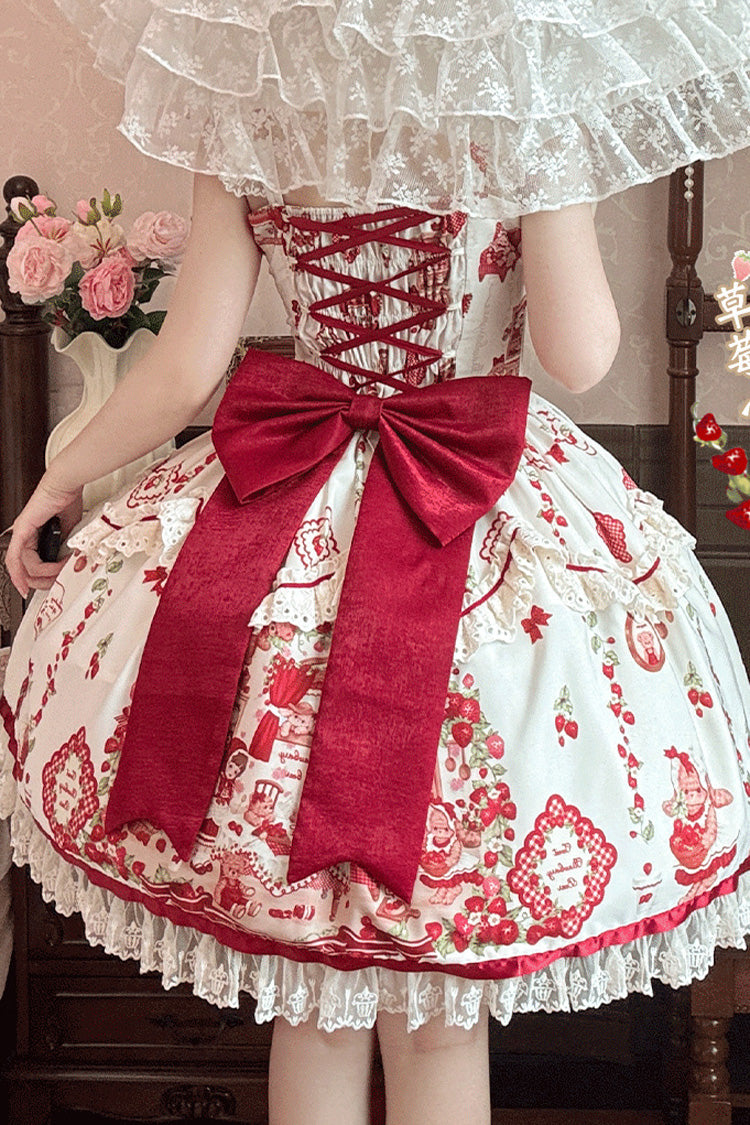 Ivory/Red Strawberry Bear Sleeveless Print Ruffle Embroidery Bowknot Lace Sweet Lolita Jsk Dress