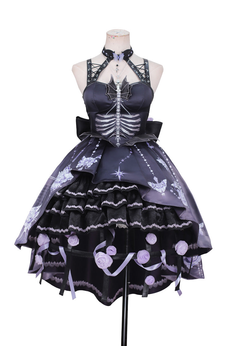 Black Feast of Bones Halterneck Multi-Layered Print Ruffle Lace Gothic Elegant Lolita Jsk Dress