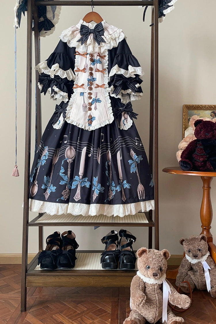 Dark Blue The Witch's Banquet Round Collar Short Sleeves Printed Ruffled Embroidered Bow Lace Sweet Lolita Jsk Dress