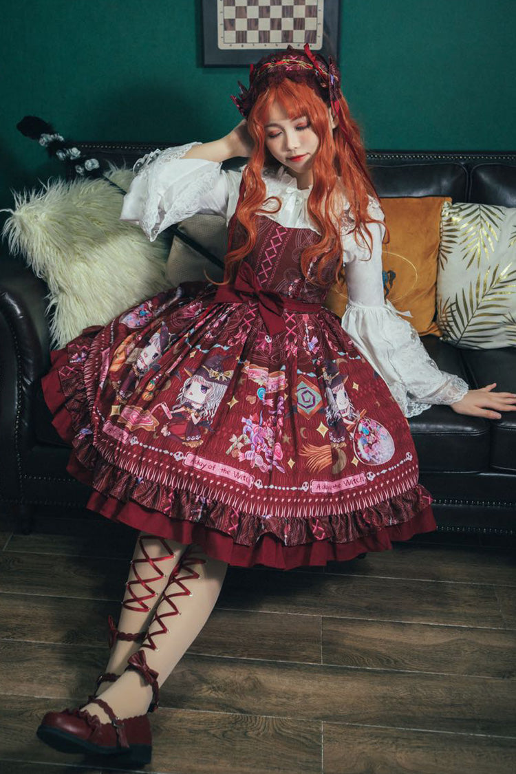 Red Little Witch Sleeveless Print Ruffle Bowknot Sweet Elegant Lolita Jsk Dress
