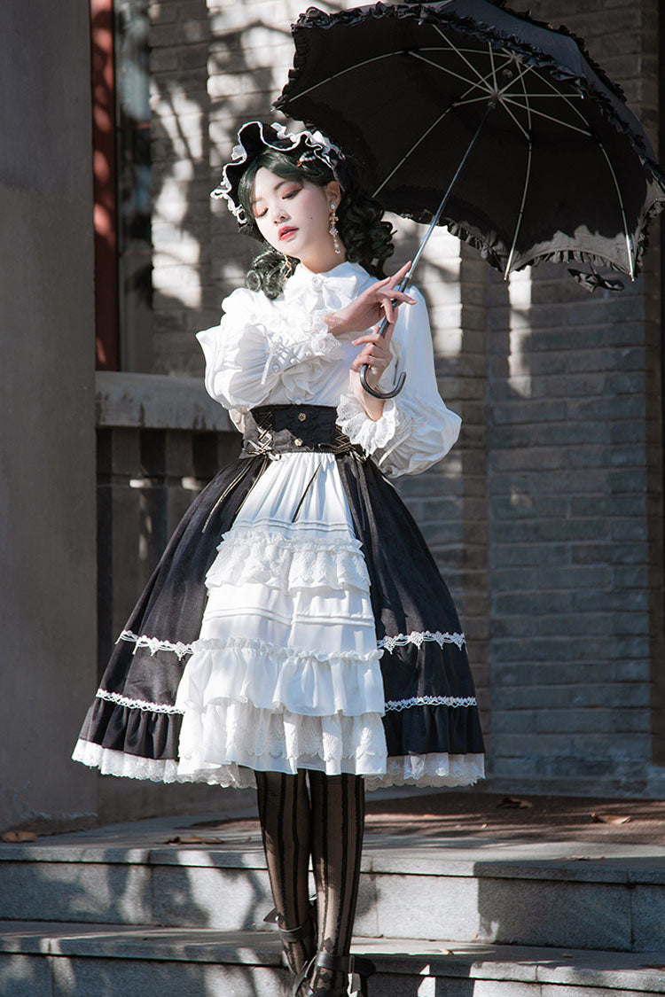 White/Black Stitching Cardigan Ruffled Multi-Layer Gothic Lolita Skirt Dress