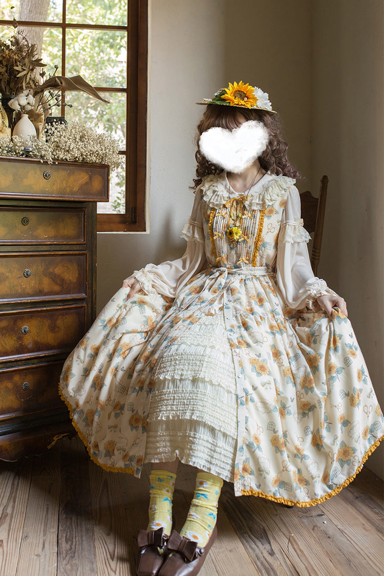 Apricot Gardening Sunflower Sleeveless Print Ruffle Bowknot Sweet Elegant Lolita Jsk Dress