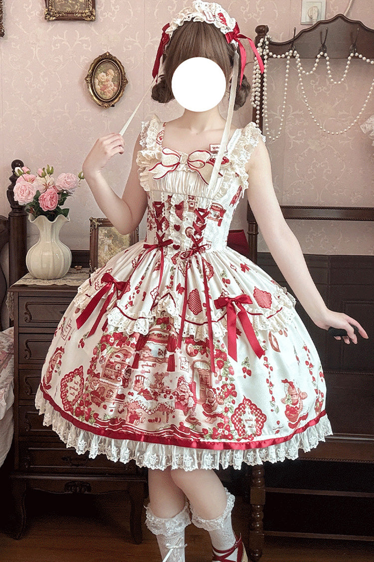 Ivory/Red Strawberry Bear Sleeveless Print Ruffle Embroidery Bowknot Lace Sweet Lolita Jsk Dress