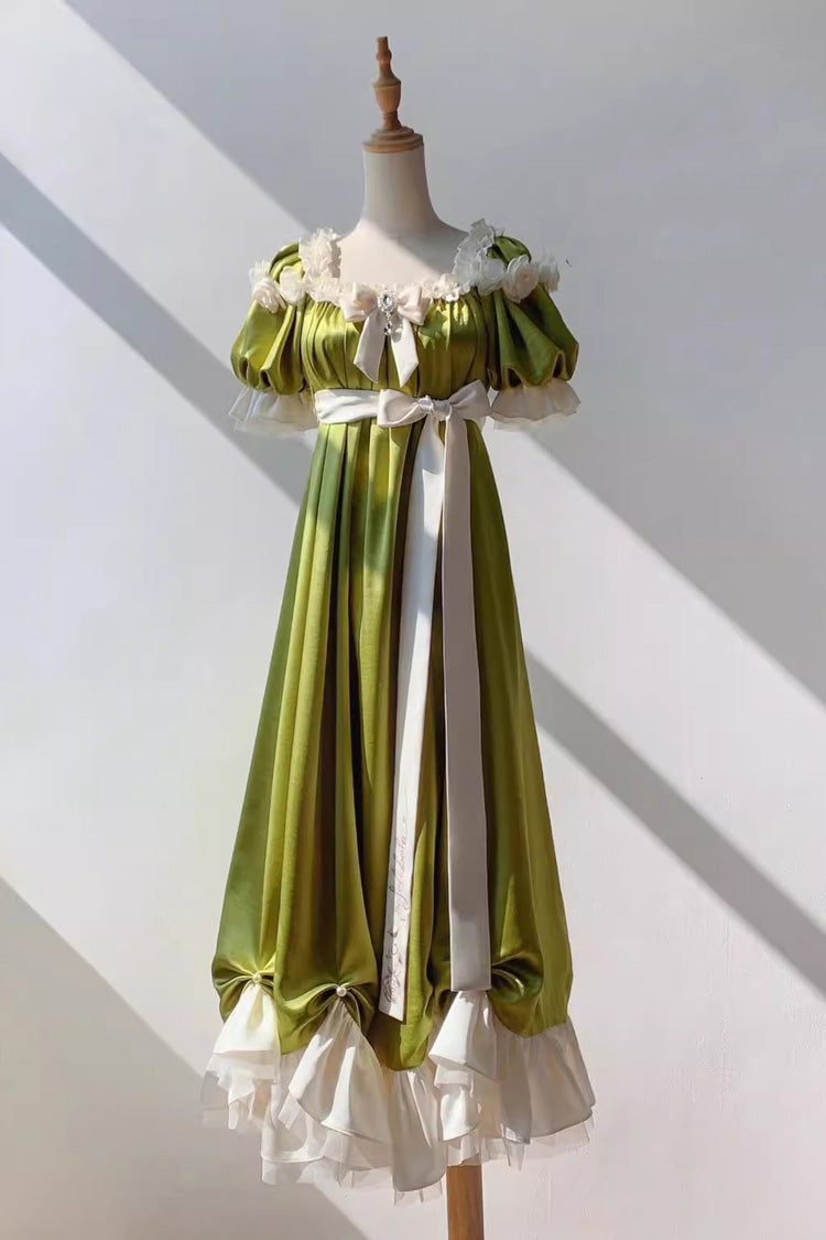 Green Square Collar Short Sleeves Ruffle Bowknot Sweet Regency-Style Vintage Lolita Dress