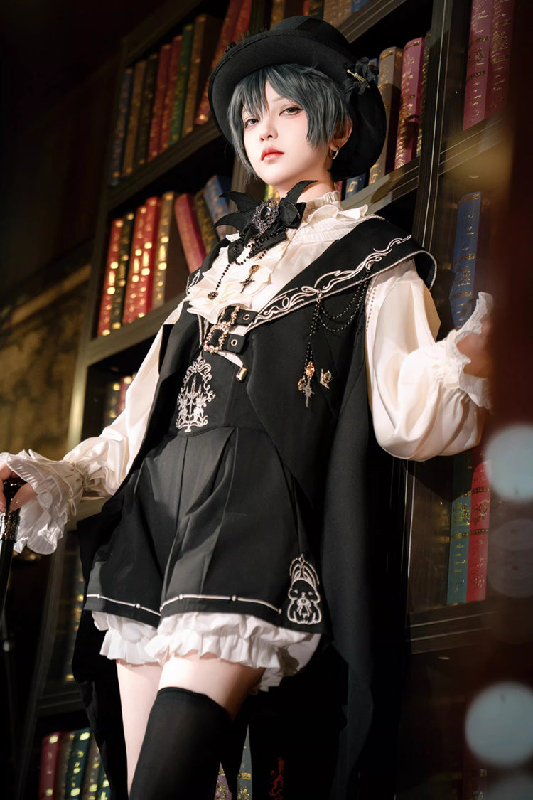 Black Rabbit-Ear Meteorite Stand Collar Long Sleeves Ruffled Embroidered Bow Gothic Ouji Lolita Shorts Vest Set