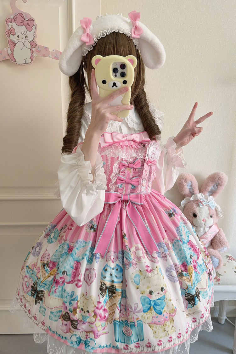 Pink Floral Whisper Bear Print Ruffle Bowknot Lace Sweet Princess Lolita Jsk Dress