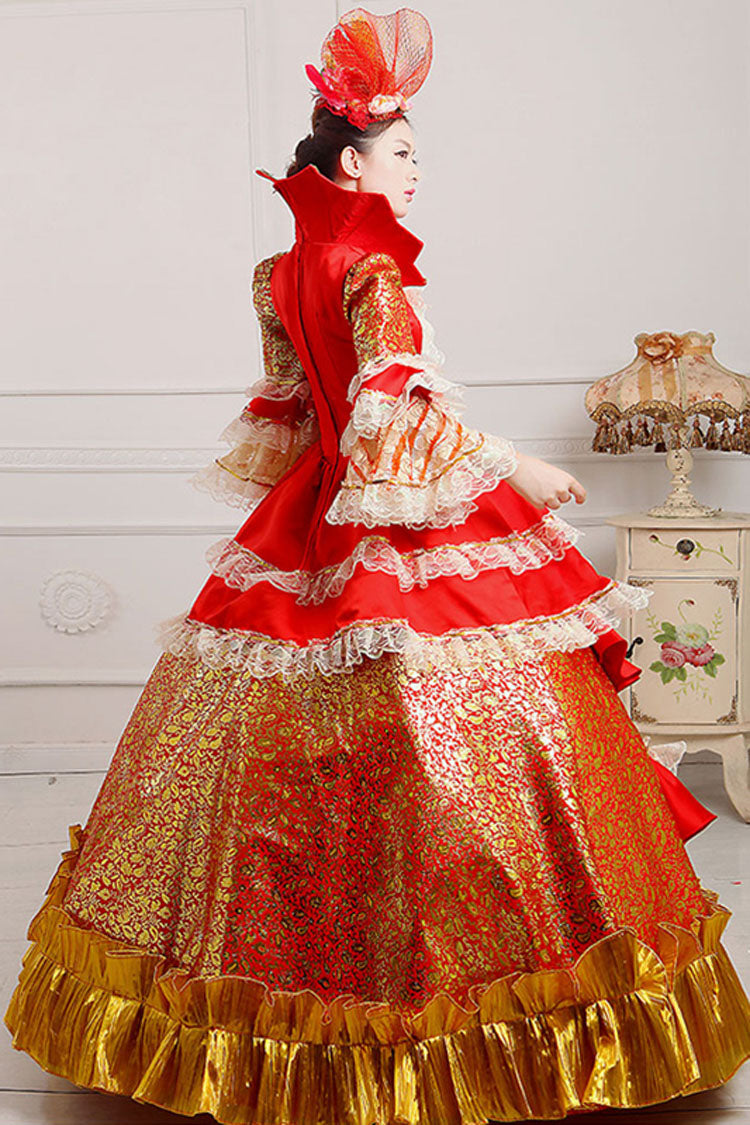 Trumpet Sleeves Stand Collar Lace Stitching Ruffled Multi-Layer Victorian Lolita Prom Dress