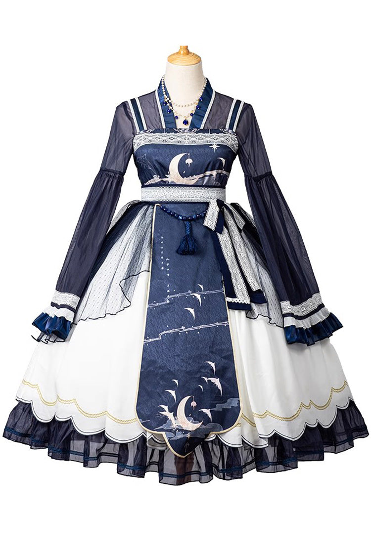 Night and the Oriole Print Ruffle Bowknot Lace Sweet Chinese Style Lolita Jsk Dress 2 Colors