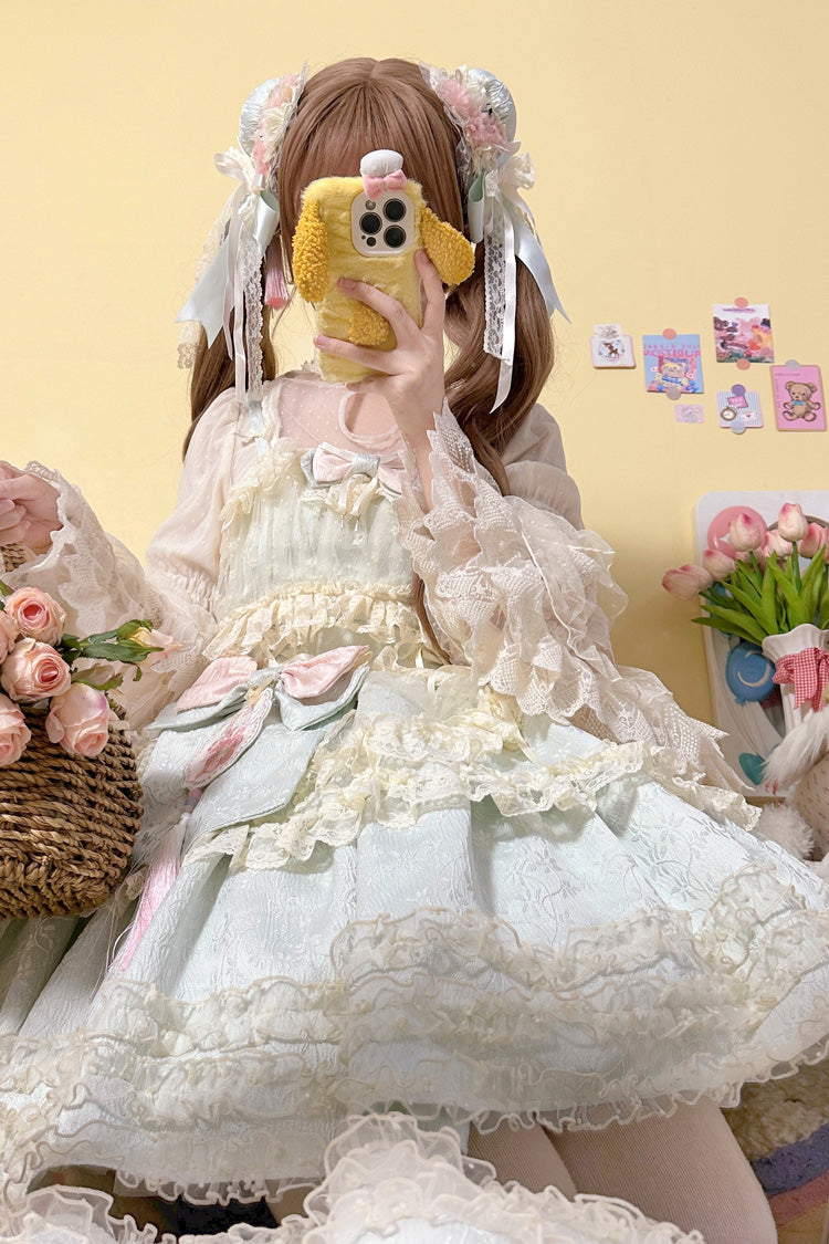 Good Night, Peach Sleeveless Multi-Layered Ruffled Bow Lace Sweet Chinese Style Lolita Jsk Dress 3 Colors