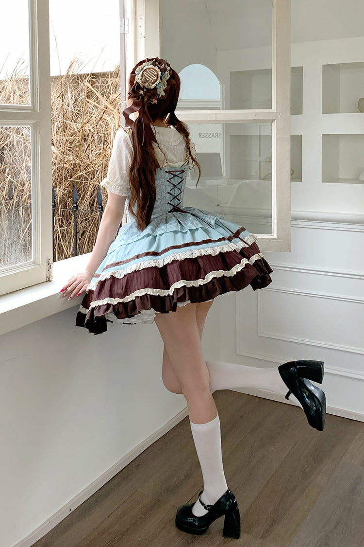 Green/Brown Mint Chocolate Sleeveless Triple-Layered Ruffle Bowknot Sweet Lolita Jsk Dress