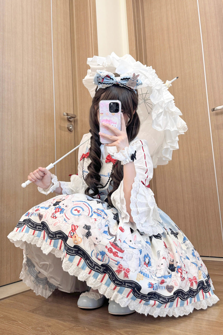 Beige Mystery Rabbit Tea Party Sleeveless Print Ruffle Bowknot Lace Sweet Lolita Jsk Dress