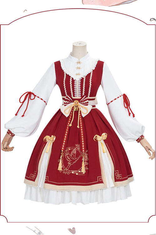 Red Chinese New Year Golden Crane Print Long Sleeve Sweet Lolita OP Dress