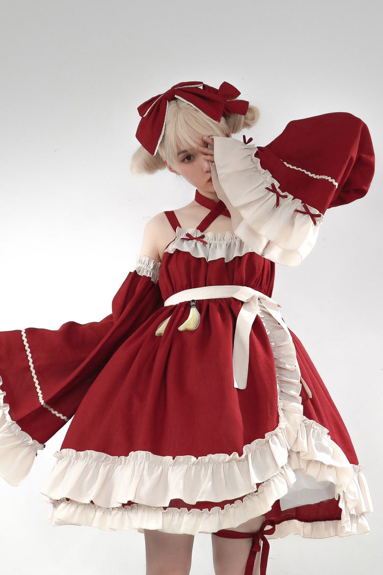 Red Monet Estate Sleeveless High Waisted Ruffle Bowknot Asymmetric Gothic Lolita Jsk Dress