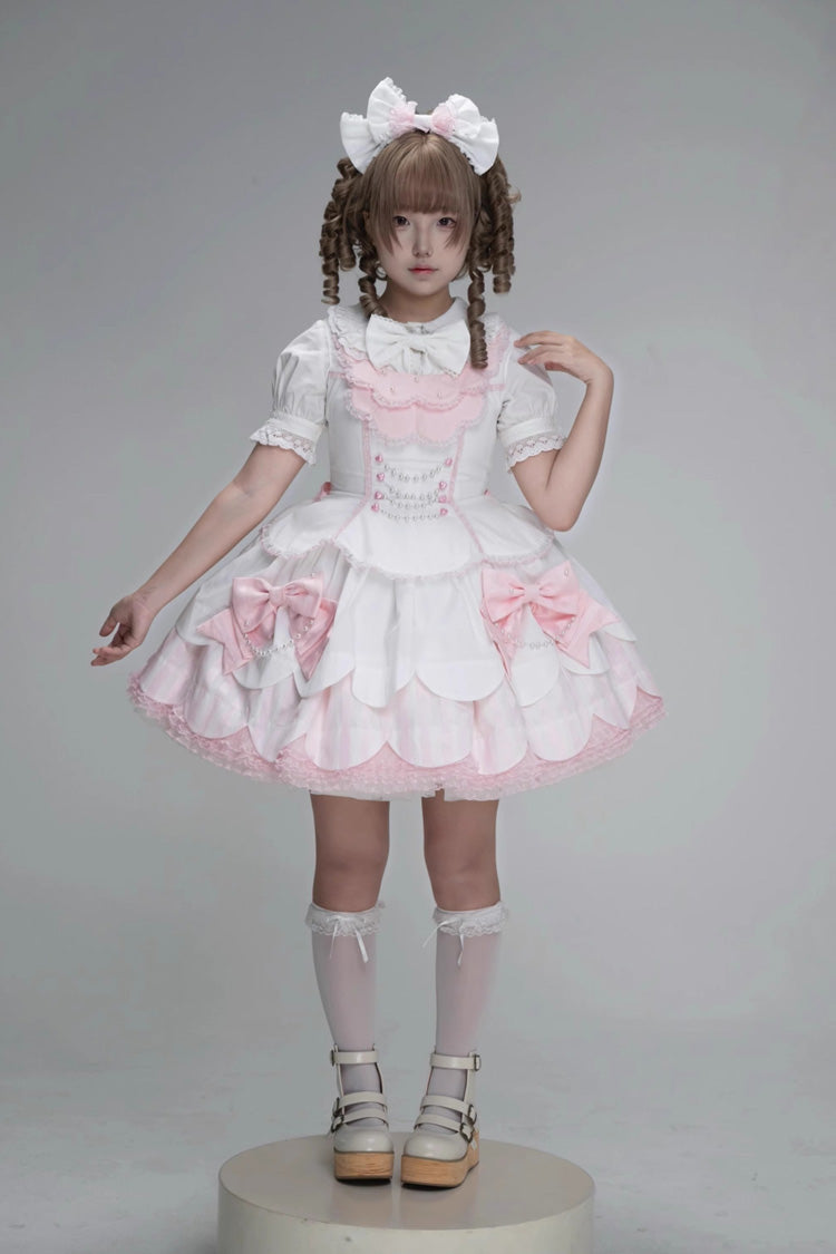 White/Pink Sleeveless Multi-Layered Ruffle Bowknot Lace Pearl Sweet Lolita Jsk Dress