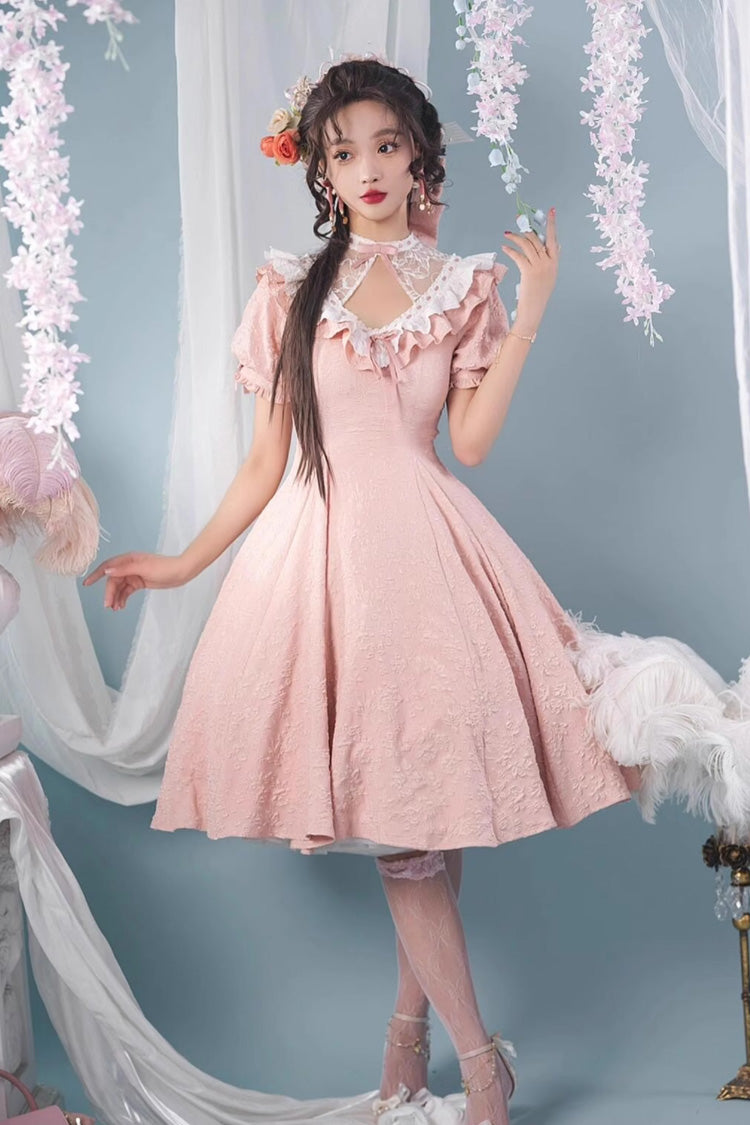 Pink Short Sleeves Ruffle Bowknot Sweet Princess Lolita Dress